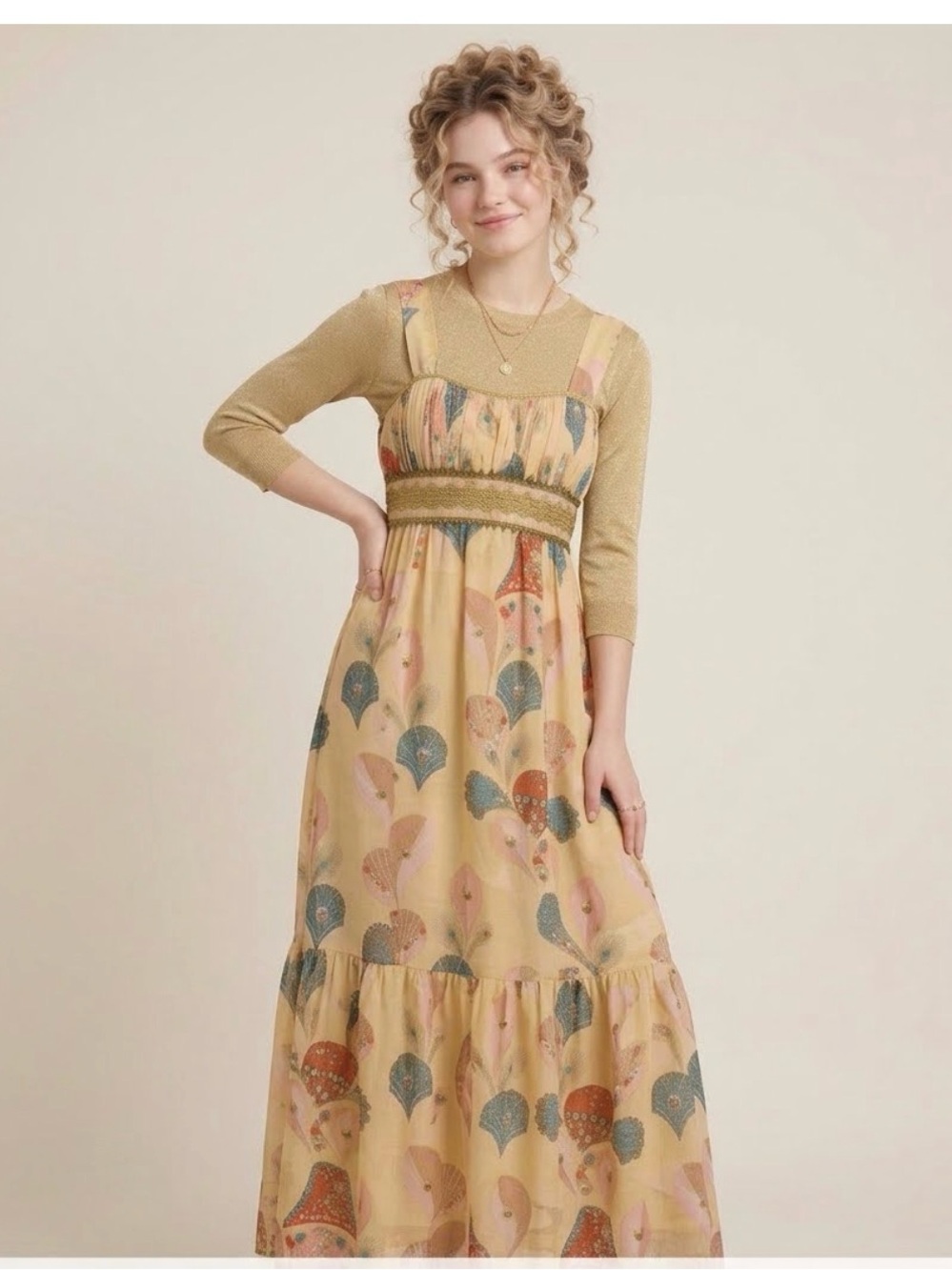 Rare Nanette Lepore Lepore Peacock Feather Empire Waist Midi Dress Size Small